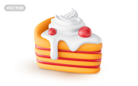 Vector illustration of realistic piece of cake with cream and berry on white background. 3d style design of cake with whipped cream. Sweet food for web, site, banner, greeting cardのイラスト素材