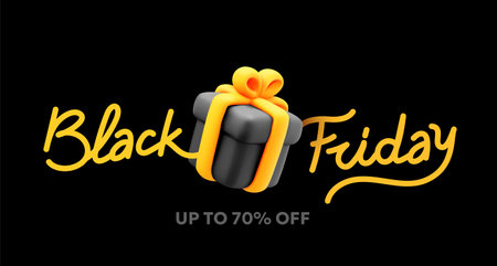 Vector black friday sale illustration with gift box and yellow text lettering on black background. 3d style sale design for web, site, banner, posterのイラスト素材