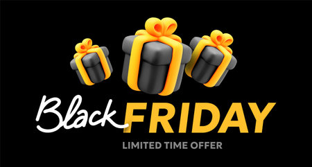 Vector black friday sale illustration with gift box and white and yellow text lettering on black background. 3d style sale design for web, site, banner, posterのイラスト素材