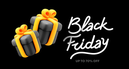 Vector black friday sale illustration with gift box and text lettering on black background. 3d style sale design for web, site, banner, posterのイラスト素材