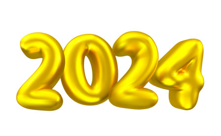 Vector illustration of shine golden number 2024 on white color background. 3d style winter holiday design of happy new year 2024. Decorative air balloon symbol for greeting card, web, site, banner, posterのイラスト素材