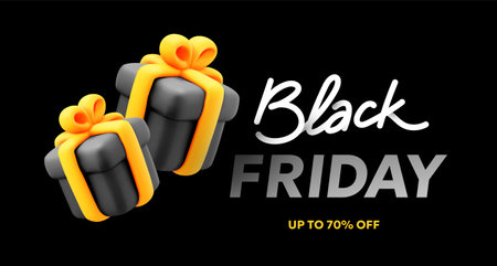 Vector black friday sale illustration with text lettering and gift box on black background. 3d style sale design for web, site, banner, posterのイラスト素材