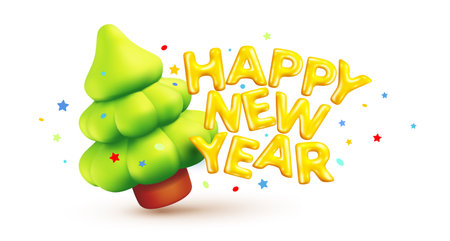 Vector illustration of green christmas tree and golden text happy new year on white color background with star. 3d style winter holiday design of happy new year 2024. Decorative symbol and present for greeting card, web, site, banner, posterのイラスト素材