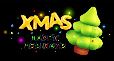 Vector illustration of green christmas tree and golden text xmas and happy holidays on black color background with star. 3d style winter holiday design of happy new year 2024. Decorative symbol for greeting card, web, site, banner, posterのイラスト素材