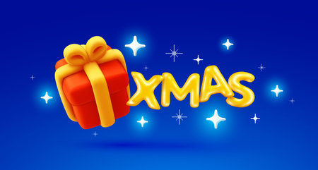Vector christmas illustration of red gift box and word xmas on blue color background with shine star. 3d style winter holiday design of decorative letter for greeting card, web, site, bannerのイラスト素材
