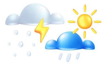 Vector illustration of weather set. Cloud and sun on white color background. 3d style design of rain or snow and lightning for web, banner, poster, printのイラスト素材