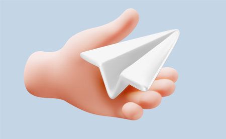 Vector illustration of gesture hand hold paper air plane on color background. 3d style design of man white skin hand and paper air plane for web, banner, poster, printのイラスト素材
