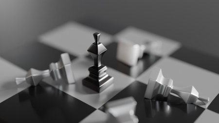 3d illustration of black and white color chess piece and chessboard on dark background. 3d design of illustration of game of chess for web, banner, posterの写真素材
