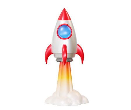 3d business startup illustration of shine white and red spaceship with  smoke on white color background. 3d render design of rocket launch for banner, poster, webの写真素材