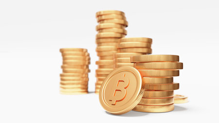 3d finance illustration of golden stack of coin with sign bitcoin on white color background with shadow. 3d design of business illustration for banner, poster, webの写真素材