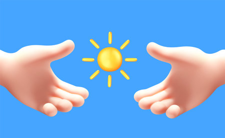 Vector illustration of gesture hand hold yellow sun on blue color background. 3d style design of man white skin hand give sun for weather web, banner, poster, printのイラスト素材