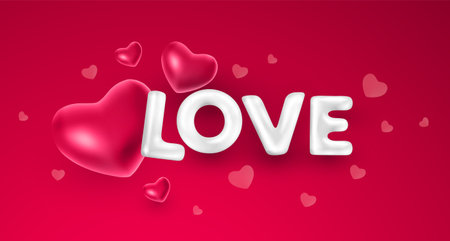 Vector romantic illustration of red color heart with white letter love. 3d style holiday design of word love with heart on red background for Happy Valentine day web, site, banner, greeting card, posterのイラスト素材