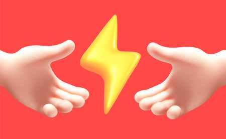 Vector illustration of gesture hand hold yellow lightning on red color background. 3d style design of man white skin hand give lightning for weather web, banner, poster, printのイラスト素材