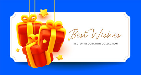 Vector illustration of realistic color gift box with yellow ribbon and text best wishes. 3d style holiday template design of present box and golden star with frame on blue background. Festive gift surprise for web, site, sale banner, greeting cardのイラスト素材