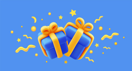 Vector illustration of realistic blue color gift box with yellow ribbon and confetti. 3d style...