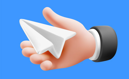 Vector illustration of gesture hand hold paper air plane on blue color background. 3d style design of man white skin hand and paper air plane for web, banner, poster, printのイラスト素材