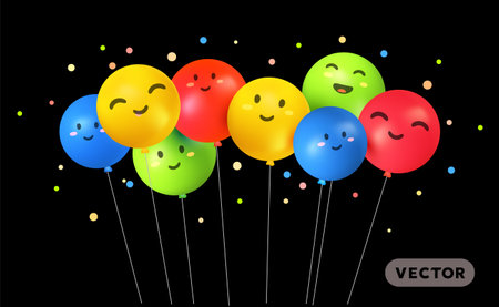 Vector happy birthday illustration with multicolored air helium balloon character with eye and mouth on black background. 3d realistic holiday design of kid flying ball with confetti for greeting card, party poster, banner, printのイラスト素材