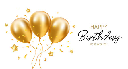 Vector happy birthday illustration with bunch of golden air helium balloon with star and text on white background. 3d realistic holiday template design of flying balloon for greeting card, party poster, banner, printのイラスト素材