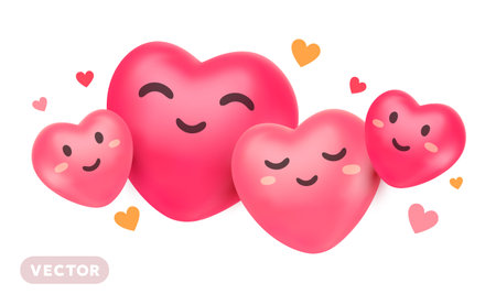 Vector cartoon illustration of cute happy hugging heart character with eye and smile on white background. 3d style design of family love. Embrace heart set symbol for world day holiday web, site, banner, posterのイラスト素材