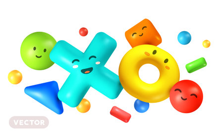 Vector kid illustration of set of abstract realistic shape character with eye and mouth on white...