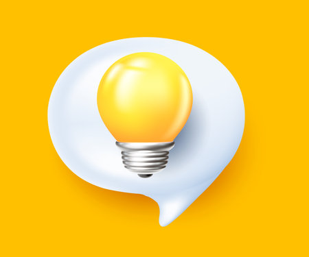 Vector illustration of communication speech bubble with shine light bulb and shadow on yellow background. 3d style design of speech bubble with electric light bulb for web, site, save energy banner, posterのイラスト素材