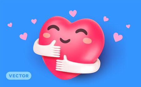 Vector cartoon illustration of cute happy heart character with smile and hand hugging self on blue background. 3d style design of self care and love yourself. Embrace heart symbol for world day holiday web, site, banner, posterのイラスト素材
