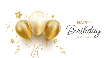 Vector happy birthday illustration with bunch of golden and transparent air helium balloon with star and text on white background. 3d realistic holiday template design of flying balloon for greeting card, party poster, banner, printのイラスト素材