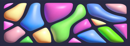 Vector mosaic illustration of different abstract realistic soft shape on black color background. 3d cartoon style design of  set of various decorative gradient shine element for web, site, banner, poster, printのイラスト素材