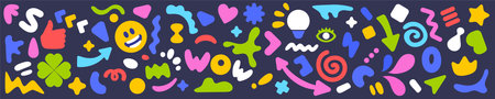 Vector bright illustration of collection of different abstract shape on dark color background. Flat cartoon style design of various decorative multicolored element set for web, site, banner, poster, printのイラスト素材