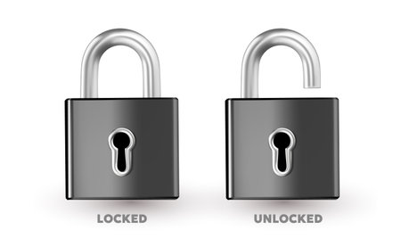 Vector illustration of locked and unlocked padlock on white background. 3d style design of metallic shine lock for web, site, banner, posterのイラスト素材