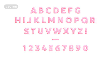 Vector realistic abc illustration of pink color glossy letter and number. 3d style design of complete alphabet on white background. Shine font collection letter and number in cartoon style for web, site, banner, posterのイラスト素材