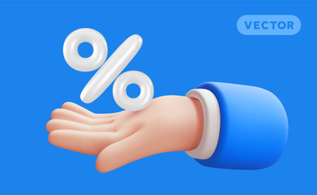 Vector illustration of hand gesture in sleeve hold percent sign on blue color background. 3d style design of man white skin hand and sale percent for web, banner, poster, printのイラスト素材
