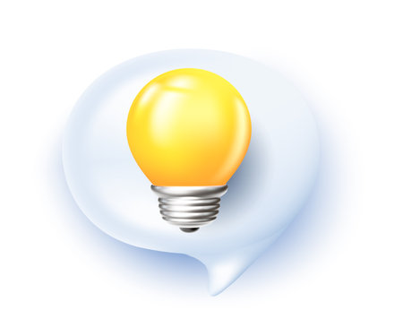 Vector illustration of speech bubble with shine light bulb and shadow on white background. 3d style design of communication speech bubble with electric light bulb for web, site, save energy banner, posterのイラスト素材