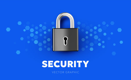 Vector security illustration of closed lock on blue background. 3d style design of metallic shine padlock for web, site, banner, posterのイラスト素材
