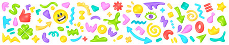 3d cartoon style design of various decorative multicolored shine element collection. Vector bright illustration of set of different of abstract realistic shape on white color background for web, site, banner, poster, printのイラスト素材