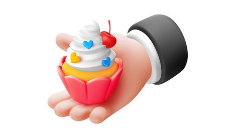 Vector illustration of gesture hand in sleeve hold sweet cupcake on white color background. 3d style design of man white skin hand give present cake for web, sale banner, poster, printのイラスト素材