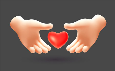 Vector care illustration of gesture hand hold red heart on black color background. 3d style design of man white skin hand give heart for romantic web, site, health banner, posterのイラスト素材