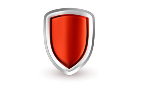 Vector illustration of red color security shield on white background. 3d style design of metallic shine shield for web, site, banner, posterのイラスト素材