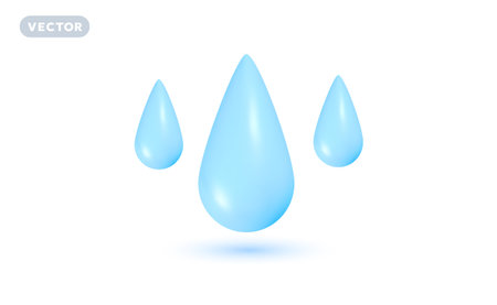Vector weather illustration of shine blue color water drop on white background with shadow. 3d cartoon style design of rain drop for web, site, banner, posterのイラスト素材