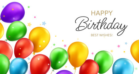Vector happy birthday illustration with bright color air helium balloon with star and text on white background. 3d realistic holiday template design of flying balloon for greeting card, party poster, banner, printのイラスト素材