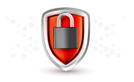 Vector illustration of red color security shield with padlock on white background. 3d style template design of metallic shine shield and padlock for web, site, banner, posterのイラスト素材