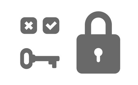 Vector security illustration of closed padlock with cross and check mark on white background. Flat style design of padlock with key hole and key for web, site, banner, posterのイラスト素材