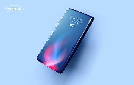 Vector illustration of realistic phone with dark color screen with flame on blue background. 3d style design of smart phone for web, site, banner, posterのイラスト素材