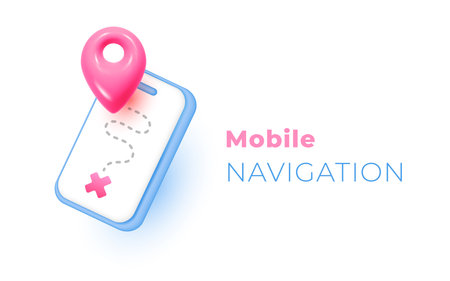 Vector illustration of blue smart phone with geo location sign and shadow on white background. 3d style template design of smart phone with navigation sign and text for web, site, banner, posterのイラスト素材
