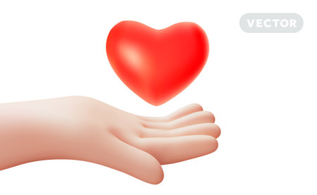 Vector romantic illustration of gesture hand hold red heart on white color background. 3d style design of man white skin hand give heart for web, health care banner, love poster, printのイラスト素材