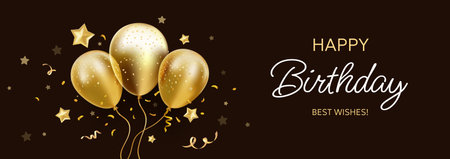 Vector holiday template design of flying balloon with star and text on black background. 3d realistic happy birthday illustration with bunch of golden transparent air helium balloon for greeting card, party poster, banner, printのイラスト素材