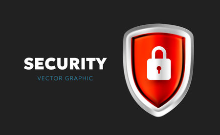 Vector illustration of red color security shield with padlock on black background. 3d style template design of metallic shine shield and padlock with text for web, site, banner, posterのイラスト素材