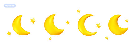 Vector set of weather night illustration of shine yellow color half moon with star on white background. 3d cartoon style design of different crescent moon with star for web, site, banner, posterのイラスト素材