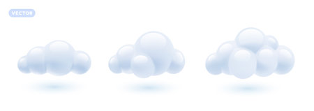 Vector set of weather illustration of shine fluffy cloud on white color background with shadow. 3d cartoon style design of different cute cloud for web, site, banner, posterのイラスト素材