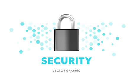 Vector security illustration of closed lock on white background. 3d style template design of metallic shine padlock with text for web, site, banner, posterのイラスト素材